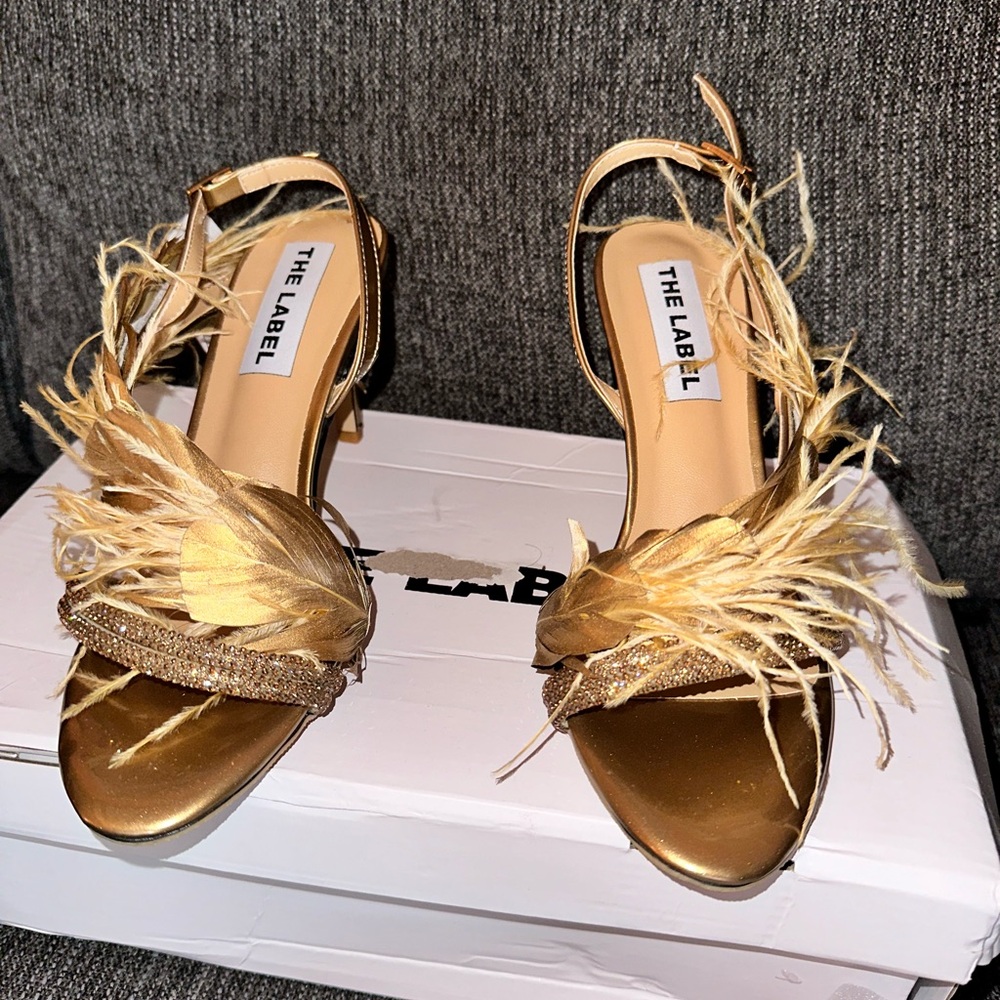 THE LABEL SUNIE FEATHER AND DAMANTE MID HEEL SANDALS